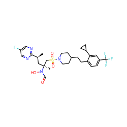 C[C@@H](C[C@@](C)(CS(=O)(=O)N1CCC(CCc2ccc(C(F)(F)F)cc2C2CC2)CC1)N(O)C=O)c1ncc(F)cn1 ZINC000066074977