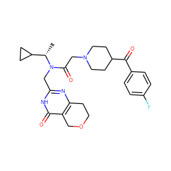 C[C@@H](C1CC1)N(Cc1nc2c(c(=O)[nH]1)COCC2)C(=O)CN1CCC(C(=O)c2ccc(F)cc2)CC1 ZINC000208810340