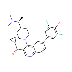 C[C@@H](C1CCN(c2c(C(=O)C3CC3)cnc3ccc(-c4cc(F)c(O)c(F)c4)cc23)CC1)N(C)C ZINC000215726212