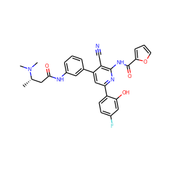 C[C@@H](CC(=O)Nc1cccc(-c2cc(-c3ccc(F)cc3O)nc(NC(=O)c3ccco3)c2C#N)c1)N(C)C ZINC000053226530