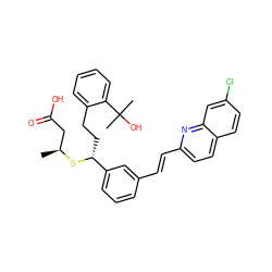 C[C@@H](CC(=O)O)S[C@H](CCc1ccccc1C(C)(C)O)c1cccc(/C=C/c2ccc3ccc(Cl)cc3n2)c1 ZINC000026721809