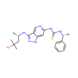 C[C@@H](CC(C)(C)O)Nc1n[nH]c2cc(NC(=O)N[C@H](C)c3ccccc3)ncc12 ZINC001772631500