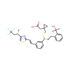 C[C@@H](CC(F)(F)F)c1csc(/C=C/c2cccc([C@@H](CCc3ccccc3C(C)(C)O)SCC3(CC(=O)O)CC3)c2)n1 ZINC000029342922