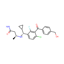 C[C@@H](CC(N)=O)N[C@@H](c1ccc(Cl)c(C(=O)c2ccc(CO)cc2)c1F)C1CC1 ZINC000220712412