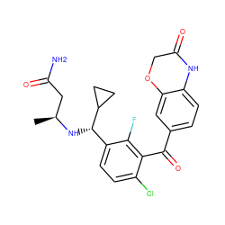 C[C@@H](CC(N)=O)N[C@@H](c1ccc(Cl)c(C(=O)c2ccc3c(c2)OCC(=O)N3)c1F)C1CC1 ZINC000220730702