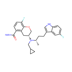 C[C@@H](CCc1c[nH]c2ccc(F)cc12)N(CC1CC1)[C@H]1COc2c(F)ccc(C(N)=O)c2C1 ZINC000040939556