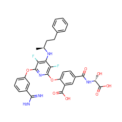 C[C@@H](CCc1ccccc1)Nc1c(F)c(Oc2cccc(C(=N)N)c2)nc(Oc2ccc(C(=O)N[C@H](O)C(=O)O)cc2C(=O)O)c1F ZINC000028524388