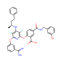 C[C@@H](CCc1ccccc1)Nc1c(F)c(Oc2cccc(C(=N)N)c2)nc(Oc2ccc(C(=O)NCc3cccc(O)c3)cc2C(=O)O)c1F ZINC000028522908