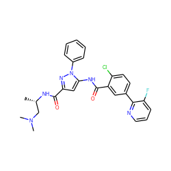 C[C@@H](CN(C)C)NC(=O)c1cc(NC(=O)c2cc(-c3ncccc3F)ccc2Cl)n(-c2ccccc2)n1 ZINC001772608198