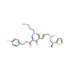 C[C@@H](CN(C)Cc1cc2c(=O)c(C(=O)NCc3ccc(Cl)cc3)cn(CCCO)c2s1)c1ccco1 ZINC000028901709