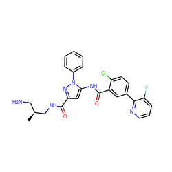 C[C@@H](CN)CNC(=O)c1cc(NC(=O)c2cc(-c3ncccc3F)ccc2Cl)n(-c2ccccc2)n1 ZINC001772606995