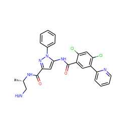 C[C@@H](CN)NC(=O)c1cc(NC(=O)c2cc(-c3ccccn3)c(Cl)cc2Cl)n(-c2ccccc2)n1 ZINC001772581421