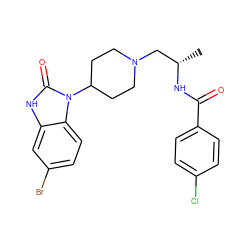 C[C@@H](CN1CCC(n2c(=O)[nH]c3cc(Br)ccc32)CC1)NC(=O)c1ccc(Cl)cc1 ZINC000040954796