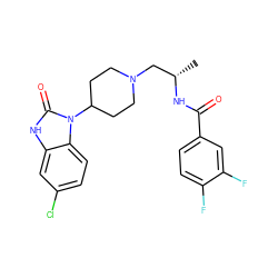 C[C@@H](CN1CCC(n2c(=O)[nH]c3cc(Cl)ccc32)CC1)NC(=O)c1ccc(F)c(F)c1 ZINC000040950555