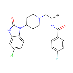 C[C@@H](CN1CCC(n2c(=O)[nH]c3cc(Cl)ccc32)CC1)NC(=O)c1ccc(F)cc1 ZINC000045498663