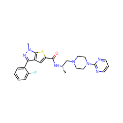 C[C@@H](CN1CCN(c2ncccn2)CC1)NC(=O)c1cc2c(-c3ccccc3F)nn(C)c2s1 ZINC000045388148