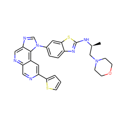 C[C@@H](CN1CCOCC1)Nc1nc2ccc(-n3cnc4cnc5cnc(-c6cccs6)cc5c43)cc2s1 ZINC001772574359