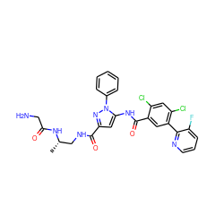 C[C@@H](CNC(=O)c1cc(NC(=O)c2cc(-c3ncccc3F)c(Cl)cc2Cl)n(-c2ccccc2)n1)NC(=O)CN ZINC001772592393