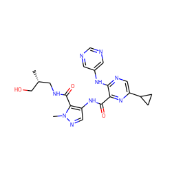 C[C@@H](CO)CNC(=O)c1c(NC(=O)c2nc(C3CC3)cnc2Nc2cncnc2)cnn1C ZINC000169701769