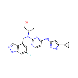 C[C@@H](CO)N(Cc1cc(F)cc2[nH]ncc12)c1nccc(Nc2cc(C3CC3)[nH]n2)n1 ZINC000096270418