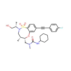 C[C@@H](CO)N1C[C@@H](C)[C@@H](CN(C)C(=O)NC2CCCCC2)Oc2cc(C#Cc3ccc(F)cc3)ccc2S1(=O)=O ZINC000095600575