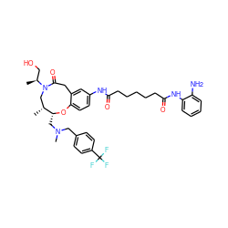 C[C@@H](CO)N1C[C@@H](C)[C@@H](CN(C)Cc2ccc(C(F)(F)F)cc2)Oc2ccc(NC(=O)CCCCCC(=O)Nc3ccccc3N)cc2CC1=O ZINC000095603037