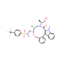 C[C@@H](CO)N1C[C@@H](C)[C@@H](CN(C)S(=O)(=O)c2ccc(C(F)(F)F)cc2)OCc2ccccc2-c2c(n(C)c3ccccc23)C1=O ZINC000095599106