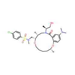 C[C@@H](CO)N1C[C@@H](C)[C@@H](CN(C)S(=O)(=O)c2ccc(Cl)cc2)OCCCC[C@@H](C)Oc2ccc(N(C)C)cc2C1=O ZINC000095599876