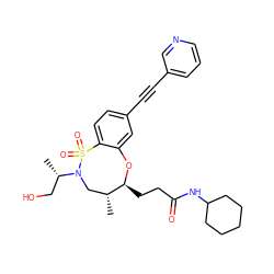 C[C@@H](CO)N1C[C@@H](C)[C@H](CCC(=O)NC2CCCCC2)Oc2cc(C#Cc3cccnc3)ccc2S1(=O)=O ZINC001772629240