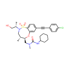 C[C@@H](CO)N1C[C@@H](C)[C@H](CN(C)C(=O)NC2CCCCC2)Oc2cc(C#Cc3ccc(Cl)cc3)ccc2S1(=O)=O ZINC001772612716