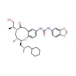 C[C@@H](CO)N1C[C@@H](C)[C@H](CN(C)CC2CCCCC2)Oc2ccc(NC(=O)Nc3ccc4c(c3)OCO4)cc2CC1=O ZINC000095599447