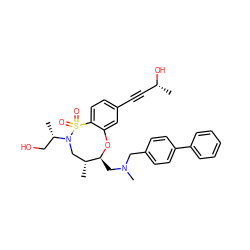 C[C@@H](CO)N1C[C@@H](C)[C@H](CN(C)Cc2ccc(-c3ccccc3)cc2)Oc2cc(C#C[C@@H](C)O)ccc2S1(=O)=O ZINC000095570715