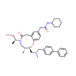 C[C@@H](CO)N1C[C@@H](C)[C@H](CN(C)Cc2ccc(-c3ccccc3)cc2)Oc2ccc(NC(=O)NC3CCCCC3)cc2CC1=O ZINC000095604538