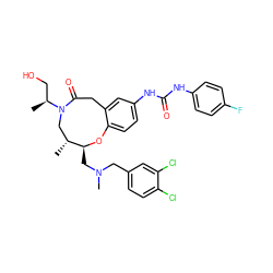 C[C@@H](CO)N1C[C@@H](C)[C@H](CN(C)Cc2ccc(Cl)c(Cl)c2)Oc2ccc(NC(=O)Nc3ccc(F)cc3)cc2CC1=O ZINC000095600302