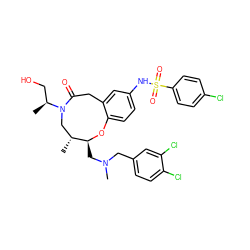 C[C@@H](CO)N1C[C@@H](C)[C@H](CN(C)Cc2ccc(Cl)c(Cl)c2)Oc2ccc(NS(=O)(=O)c3ccc(Cl)cc3)cc2CC1=O ZINC000095604862