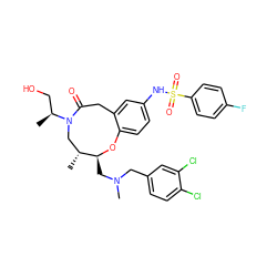 C[C@@H](CO)N1C[C@@H](C)[C@H](CN(C)Cc2ccc(Cl)c(Cl)c2)Oc2ccc(NS(=O)(=O)c3ccc(F)cc3)cc2CC1=O ZINC000095568382