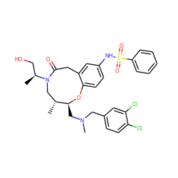 C[C@@H](CO)N1C[C@@H](C)[C@H](CN(C)Cc2ccc(Cl)c(Cl)c2)Oc2ccc(NS(=O)(=O)c3ccccc3)cc2CC1=O ZINC000095600006