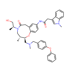 C[C@@H](CO)N1C[C@@H](C)[C@H](CN(C)Cc2ccc(Oc3ccccc3)cc2)Oc2ccc(NC(=O)Cc3cn(C)c4ccccc34)cc2CC1=O ZINC000095605442