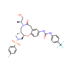 C[C@@H](CO)N1C[C@@H](C)[C@H](CN(C)S(=O)(=O)c2ccc(F)cc2)Oc2ccc(NC(=O)Nc3ccc(C(F)(F)F)cc3)cc2CC1=O ZINC000095600632