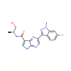 C[C@@H](CO)NC(=O)c1c[nH]c2ncc(-c3nn(C)c4cc(Cl)ccc34)nc12 ZINC000095603498