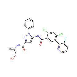 C[C@@H](CO)NC(=O)c1cc(NC(=O)c2cc(-c3ncccc3F)c(Cl)cc2Cl)n(-c2ccccc2)n1 ZINC001772633708