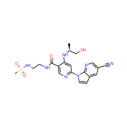 C[C@@H](CO)Nc1cc(-n2ccc3cc(C#N)cnc32)ncc1C(=O)NCCNS(C)(=O)=O ZINC001772637528