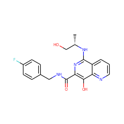 C[C@@H](CO)Nc1nc(C(=O)NCc2ccc(F)cc2)c(O)c2ncccc12 ZINC000095574553