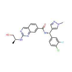 C[C@@H](CO)Nc1ncc2ccc(C(=O)N[C@@H](c3ccc(Cl)c(F)c3)c3cnn(C)c3)cc2n1 ZINC000150246685