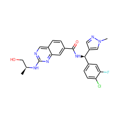 C[C@@H](CO)Nc1ncc2ccc(C(=O)N[C@H](c3ccc(Cl)c(F)c3)c3cnn(C)c3)cc2n1 ZINC000150246485