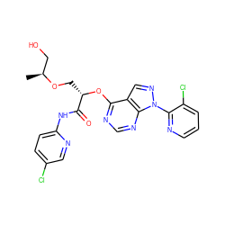 C[C@@H](CO)OC[C@H](Oc1ncnc2c1cnn2-c1ncccc1Cl)C(=O)Nc1ccc(Cl)cn1 ZINC000114685212