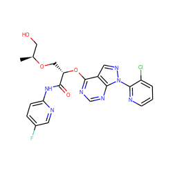 C[C@@H](CO)OC[C@H](Oc1ncnc2c1cnn2-c1ncccc1Cl)C(=O)Nc1ccc(F)cn1 ZINC000114686738