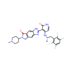 C[C@@H](Cc1c(F)c(F)cc(F)c1F)Nc1cc[nH]c(=O)c1-c1nc2cc3c(cc2[nH]1)C(=O)N(C1CCN(C)CC1)C3 ZINC000113867577