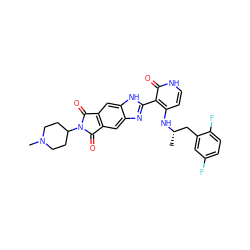 C[C@@H](Cc1cc(F)ccc1F)Nc1cc[nH]c(=O)c1-c1nc2cc3c(cc2[nH]1)C(=O)N(C1CCN(C)CC1)C3=O ZINC000113834531