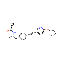 C[C@@H](Cc1ccc(C#Cc2ccc(OC3CCCC3)nc2)cc1)NC(=O)C1CC1 ZINC000169706170